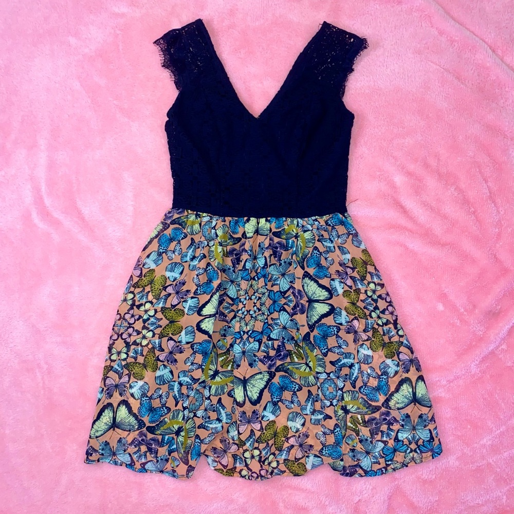 Xhilaration Butterfly lace dress, low v neck, pink and navy blue